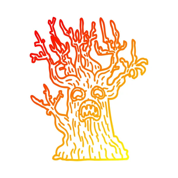 Línea de gradiente caliente dibujo dibujos animados árbol espeluznante — Archivo Imágenes Vectoriales