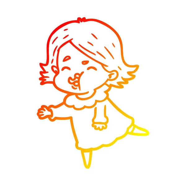 Warme kleurovergang lijntekening cartoon meisje trekken gezicht — Stockvector
