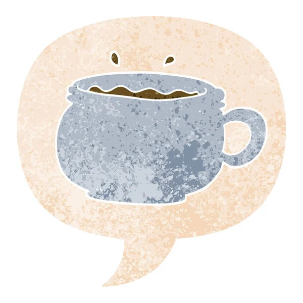 Мультфильм горячая чашка кофе и речи пузырь в ретро текстурированных st — стоковый вектор