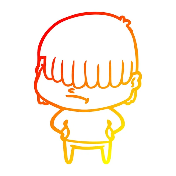 Warme kleurovergang lijntekening cartoon jongen met onopgeruimd haar — Stockvector