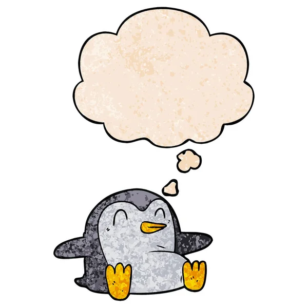 Pingüino de dibujos animados y burbuja de pensamiento en patrón de textura grunge sty — Vector de stock