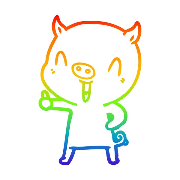 虹のグラデーションラインは幸せな漫画の豚を描く — ストックベクタ