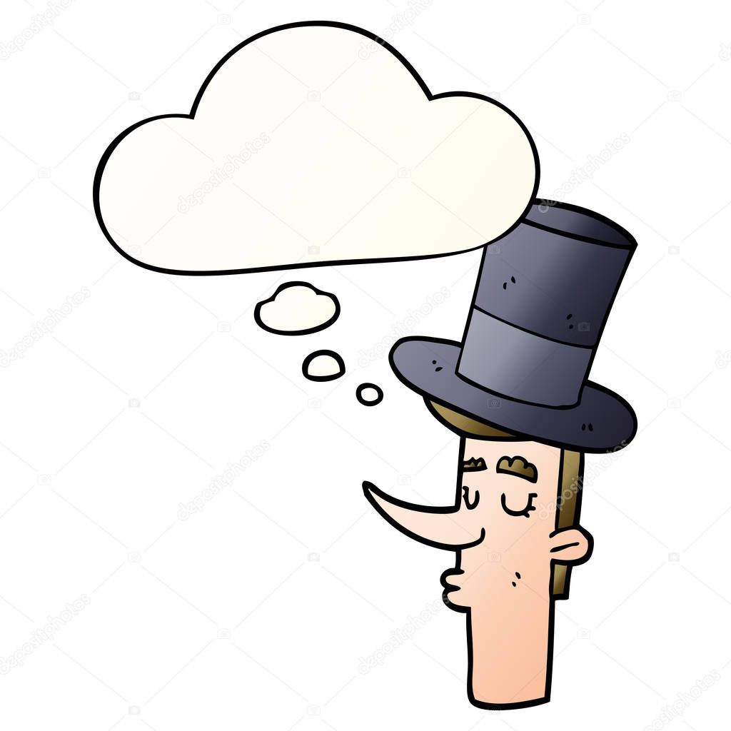 cartoon man wearing top hat and thought bubble in smooth gradien