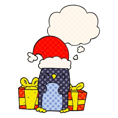 sevimli noel penguen ve çizgi roman tarzında kabarcık düşünce