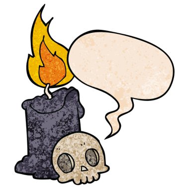 retro doku still karikatür kafatası ve mum ve konuşma balonu