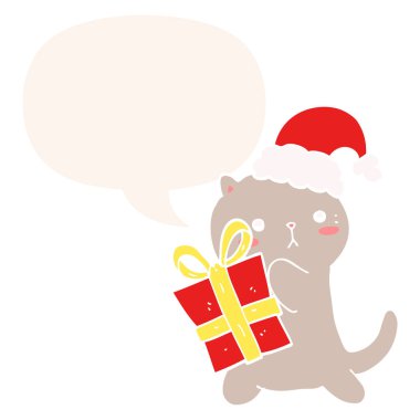 sevimli karikatür kedi noel hediye ve konuşma balonu taşıyan