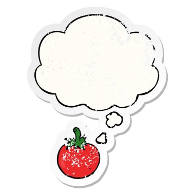 karikatür domates ve sıkıntılı yıpranmış etiket olarak kabarcık düşünce