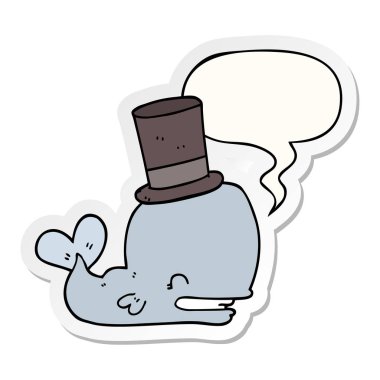 karikatür balina üst şapka ve konuşma kabarcık etiket giyiyor
