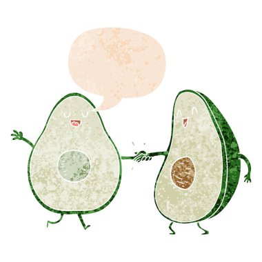 retro dokulu sty karikatür dans avokado ve konuşma balonu
