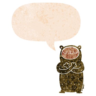 retro dokulu tarzda karikatür ayı ve konuşma balonu