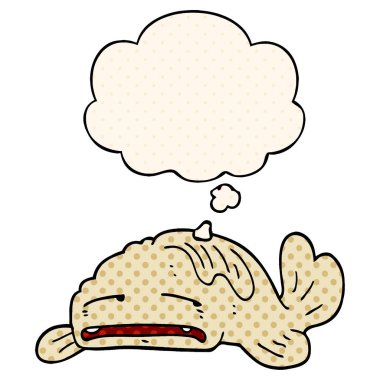 çizgi film üzgün eski balık ve çizgi roman tarzında kabarcık düşünce