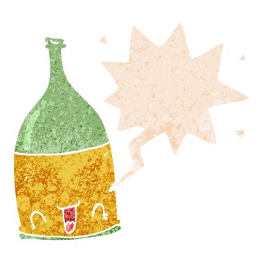 retro dokulu tarzıkarikatür şarap şişesi ve konuşma balonu