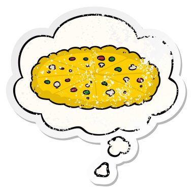 karikatür pizza ve sıkıntılı yıpranmış etiket olarak kabarcık düşünce