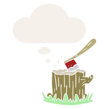 ağaç kütüğü ve retro tarzında düşünce balonu karikatür balta