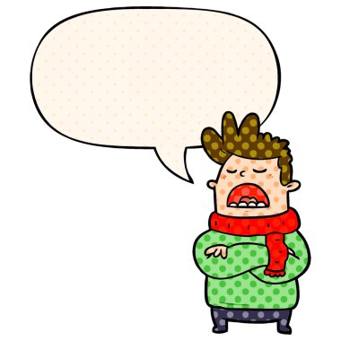 kış giysileri ve com konuşma balonu karikatür adam