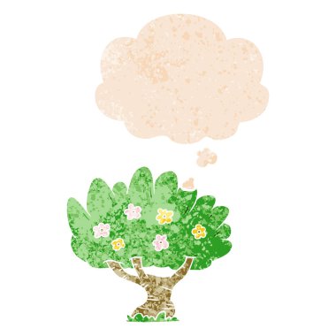 retro dokulu tarzında karikatür ağacı ve düşünce balonu