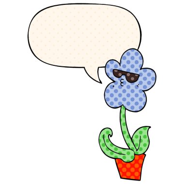 çizgi roman tarzında serin karikatür çiçek ve konuşma balonu