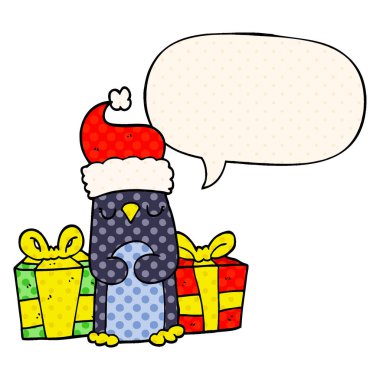 sevimli noel penguen ve çizgi roman tarzında konuşma balonu