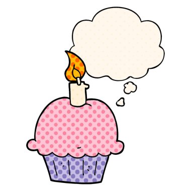 çizgi roman tarzında karikatür doğum günü cupcake ve düşünce balonu