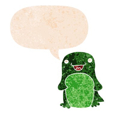 retro dokulu tarzda karikatür penguen ve konuşma balonu