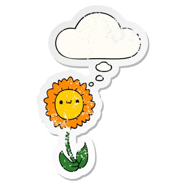 karikatür çiçek ve sıkıntılı yıpranmış etiket olarak kabarcık düşünce