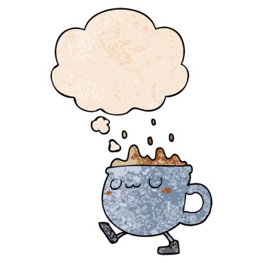 karikatür kahve fincanı yürüyüş ve grunge doku da kabarcık düşünce 