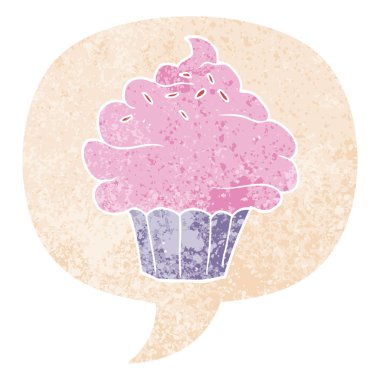 retro dokulu tarzda karikatür cupcake ve konuşma balonu