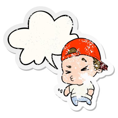 karikatür serin çocuk ve konuşma balonu sıkıntılı etiket