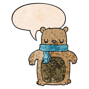 retro doku tarzında karikatür ayı ve eşarp ve konuşma balonu