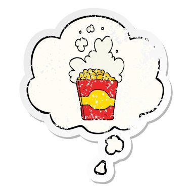 karikatür patlamış mısır ve sıkıntılı yıpranmış etiket olarak kabarcık düşünce