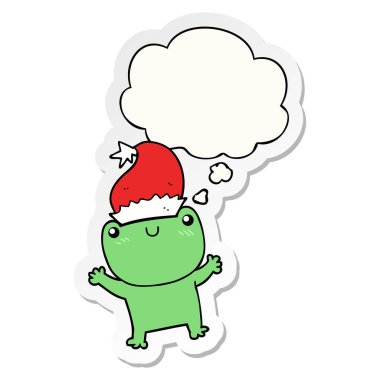 sevimli karikatür kurbağa noel şapka giyen ve bir olarak kabarcık düşündüm 