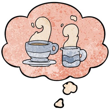 kahve karikatür fincan ve grunge doku patte düşünce balonu