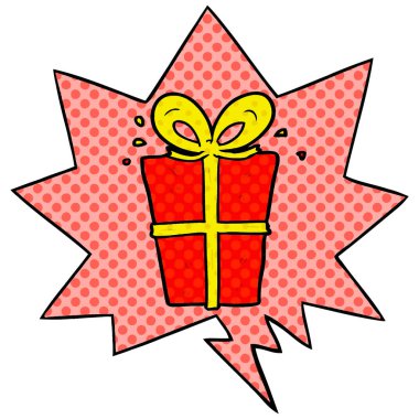 çizgi film çizgi roman tarzında hediye ve konuşma balonu sarılmış