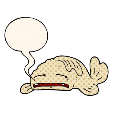 çizgi roman tarzında karikatür üzgün eski balık ve konuşma balonu