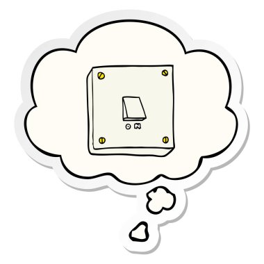 karikatür ışık anahtarı ve baskılı bir etiket olarak kabarcık düşünce