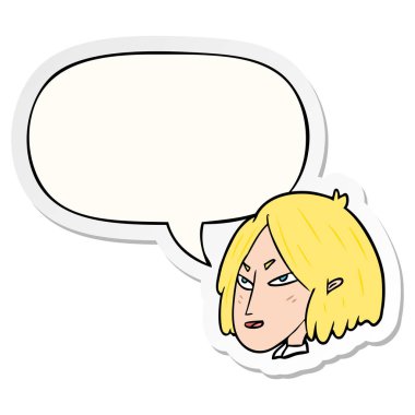 karikatür kadın ve konuşma kabarcık etiket