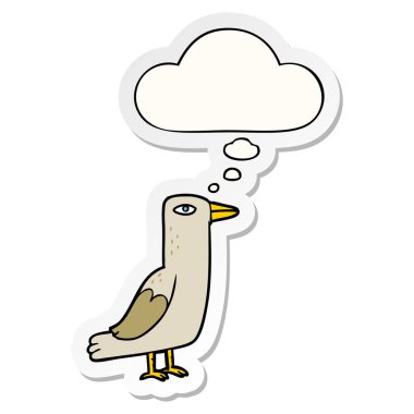 karikatür kuş ve baskılı bir etiket olarak kabarcık düşünce