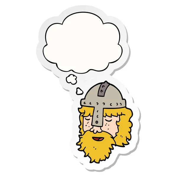 Cartoon Viking gezicht en gedachte Bubble als een gedrukte sticker — Stockvector