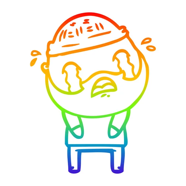 Regenboog gradiënt lijntekening cartoon bebaarde man huilen — Stockvector