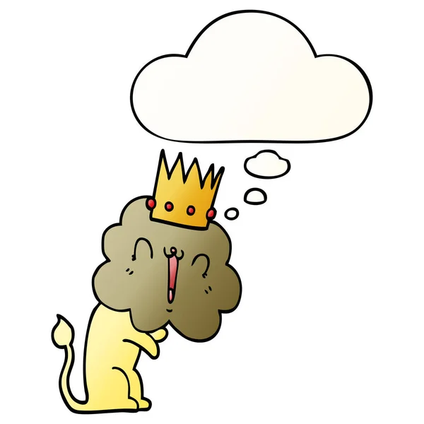 Pürüzsüz degrade st taç ve düşünce balonu ile karikatür aslan — Stok Vektör