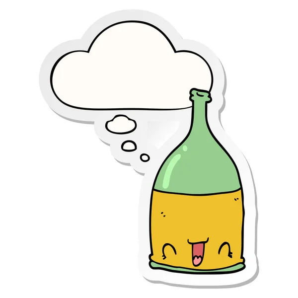 Cartoon wine bottle and thought bubble as a printed sticker — Stock Vector