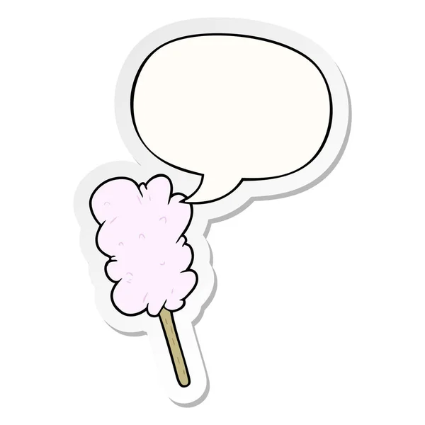 Dessin animé bonbons fil dentaire sur bâton et bulle de parole autocollant — Image vectorielle