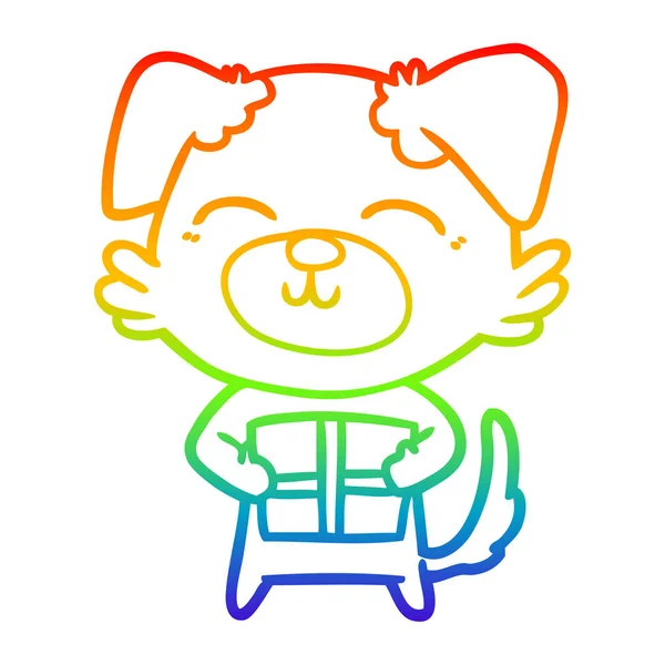 Rainbow gradient ligne dessin chien dessin animé avec présent — Image vectorielle