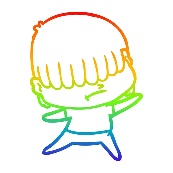 Rainbow gradient line drawing cartoon boy with untidy hair — Stock Vector