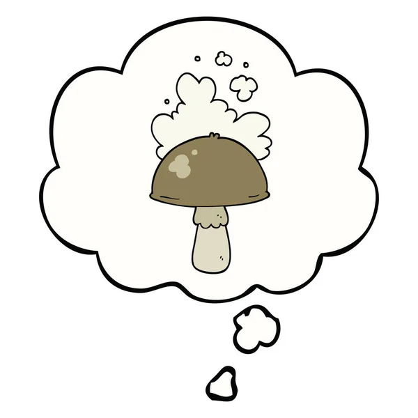 Cartoon paddestoel met Spore wolk en gedachte Bubble — Stockvector