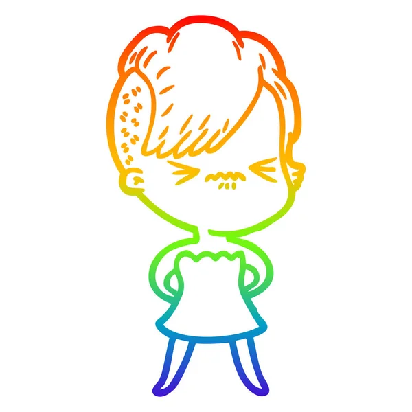 Rainbow gradient line drawing cartoon annoyed hipster girl — Stock Vector