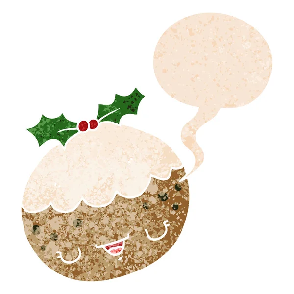 Mignon dessin animé pudding de Noël et bulle de la parole dans le textur rétro — Image vectorielle