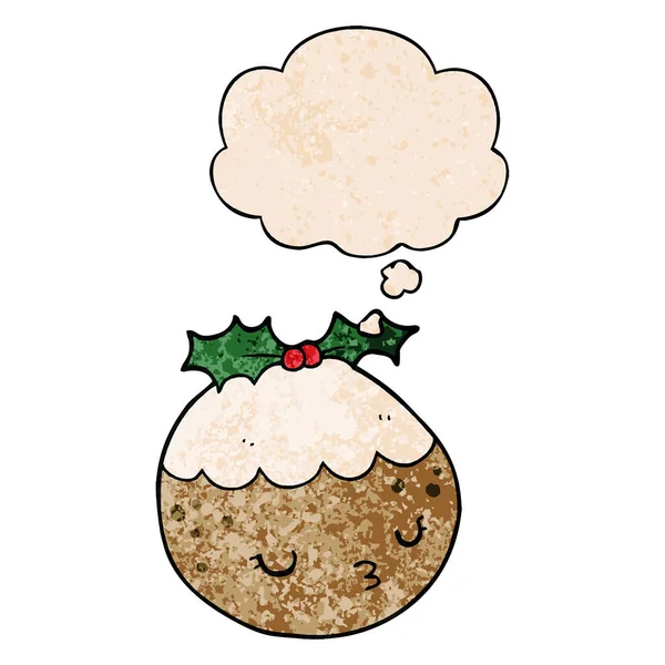 Carino cartone animato budino di Natale e bolla di pensiero in testo grunge — Vettoriale Stock