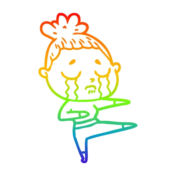 Rainbow gradient line drawing cartoon crying woman dancing — Stock Vector