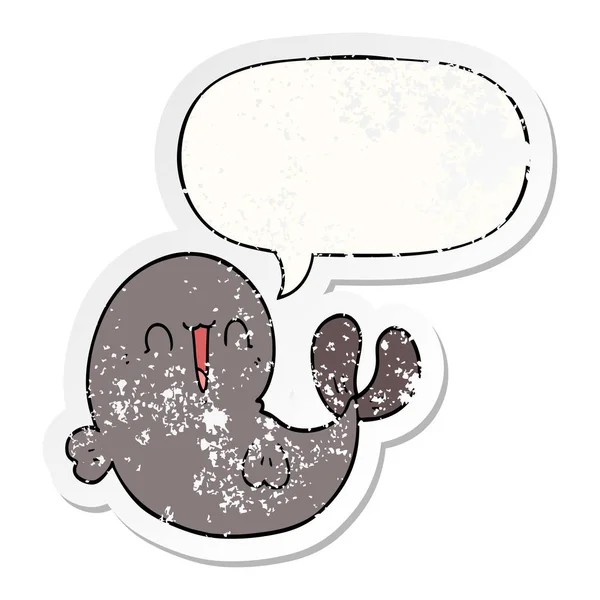 Mignon dessin animé baleine et parole bulle affligé autocollant — Image vectorielle